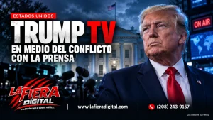 Ilustración editorial de Donald Trump, la Casa Blanca y cámaras de televisión, con el titular «Trump TV».