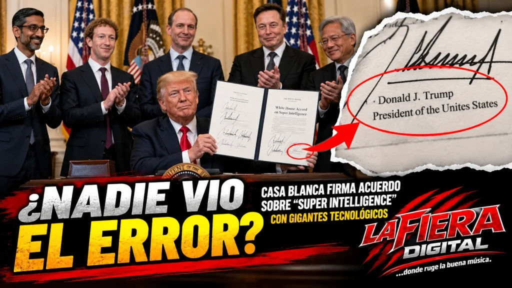 Donald Trump y ejecutivos tecnológicos en imagen sobre el acuerdo de Super Intelligence y el error “Unites States”
