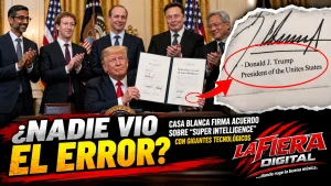 Donald Trump y ejecutivos tecnológicos en imagen sobre el acuerdo de Super Intelligence y el error “Unites States”