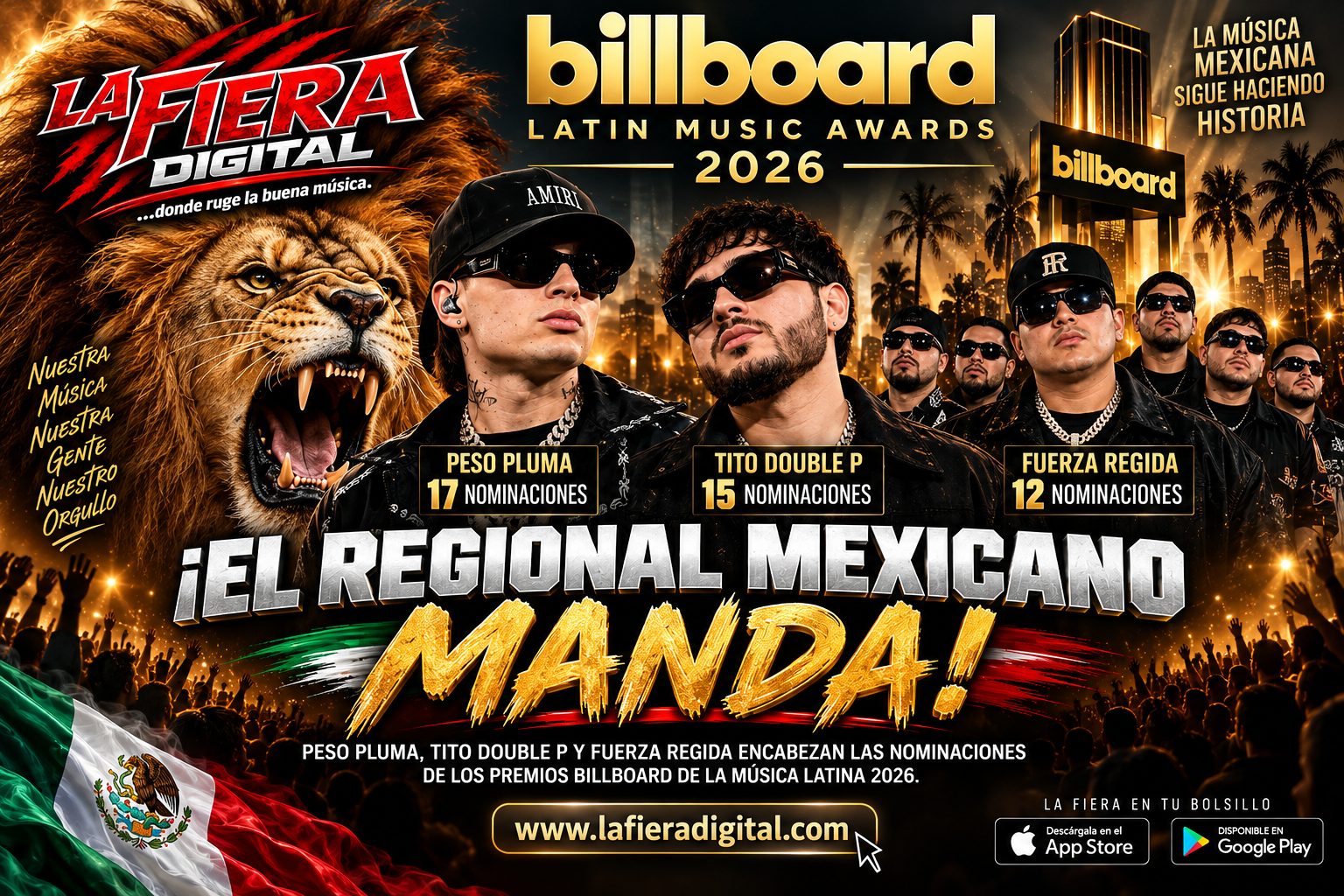 Peso Pluma, Tito Double P y Fuerza Regida dominan los Billboard de la Música Latina 2026