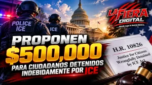 Ilustración de agentes de ICE frente al Capitolio de Estados Unidos. Proyecto H.R. 10826 propone $500,000 para ciudadanos detenidos indebidamente.