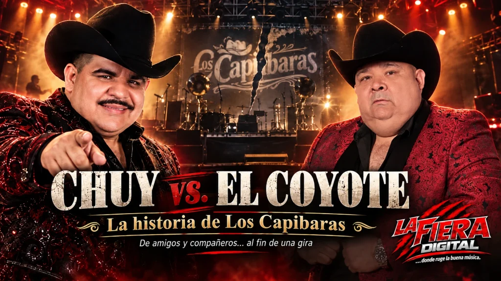 Chuy Lizárraga y El Coyote frente a un escenario de Los Capibaras en imagen especial de La Fiera Digital