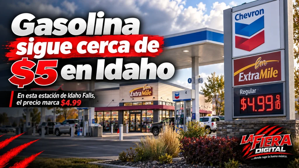 Gasolinera en Idaho Falls con gasolina regular a $4.99 por galón y logo de La Fiera Digital
