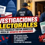 Ilustración de agentes federales HSI visitando un domicilio durante investigaciones electorales por presunto voto ilegal en Estados Unidos.